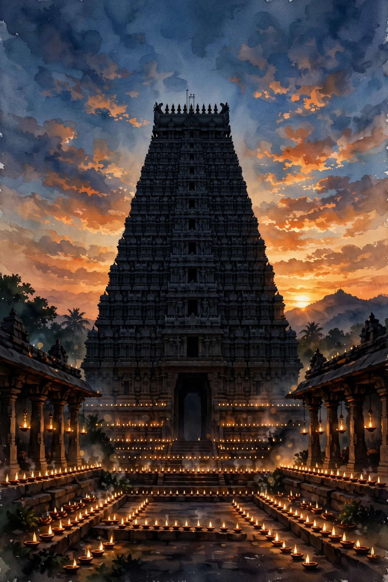 A South Indian temple gopuram silhouetted at dusk, rows of oil lamps glowing beneath an orange and blue sky