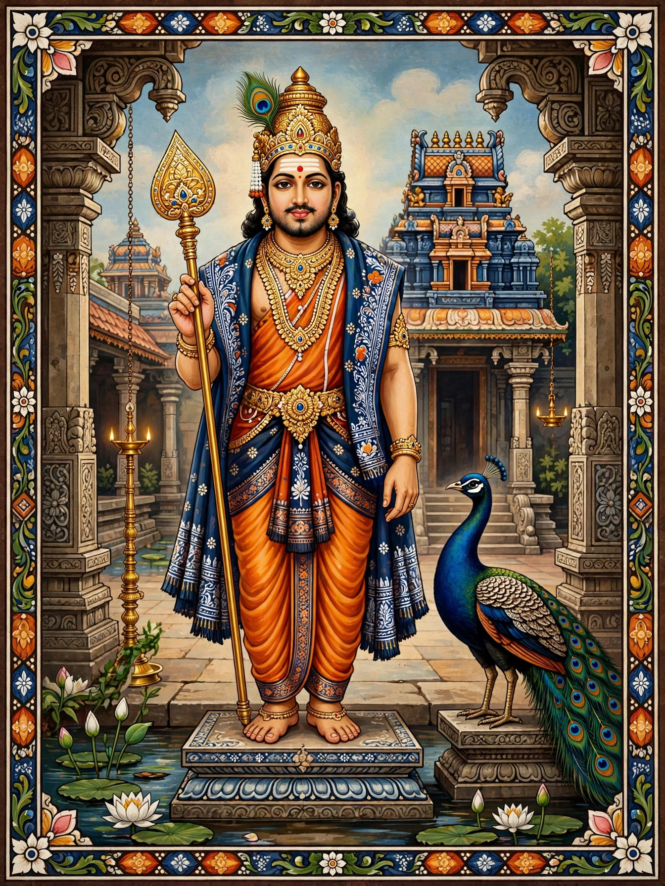 Temple-mural style painting of Lord Murugan holding the vel, his divine spear, standing beside his peacock before a South Indian temple