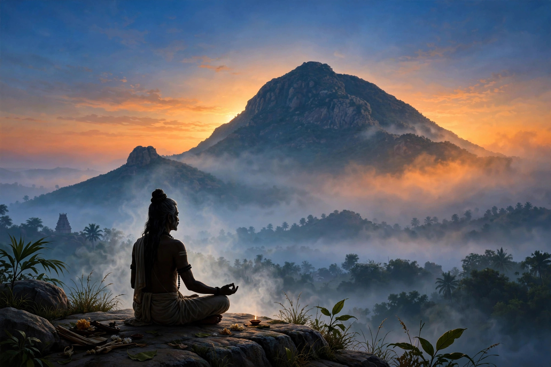A siddhar sage meditating at dawn before Arunachala hill, mist rising in blue and orange light